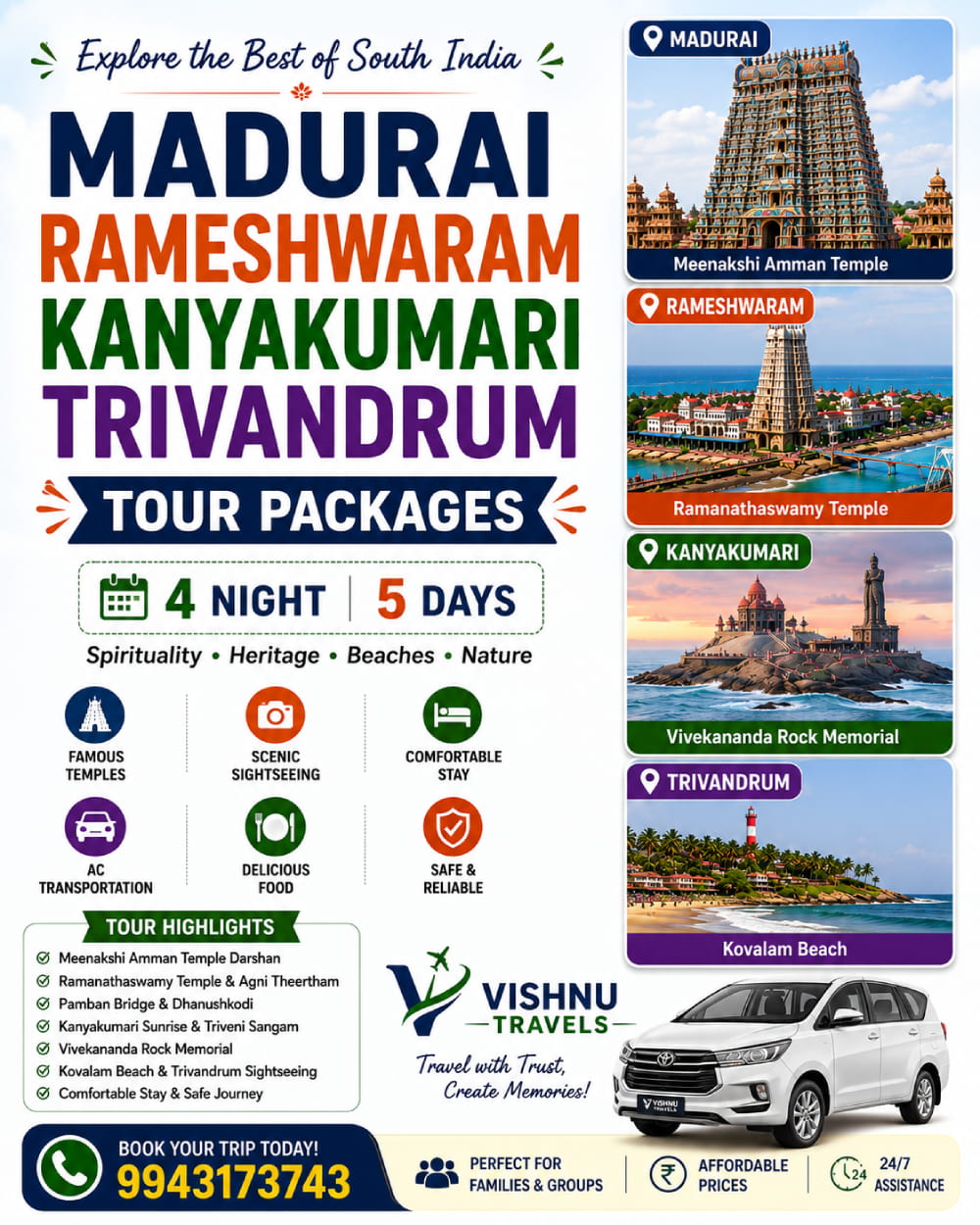 Madurai Rameshwaram Kanyakumari Trivandrum Tour